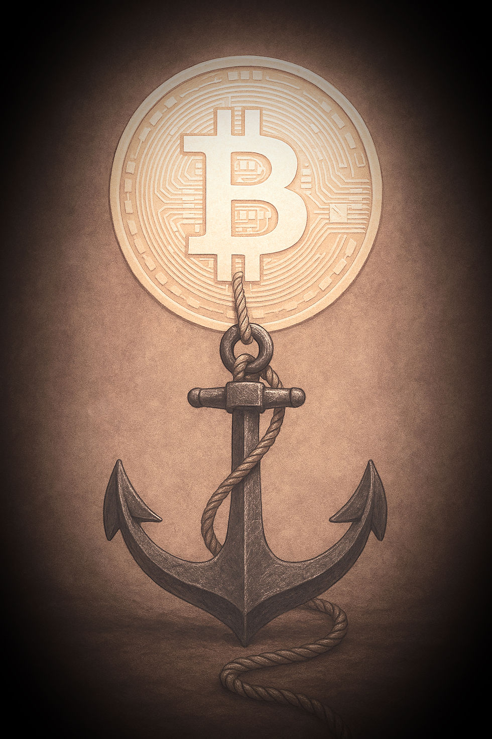 Goldener Bitcoin, der mit einem schweren Anker verbunden ist – Symbol für Proof of Work als physischer Anker in der realen Welt.