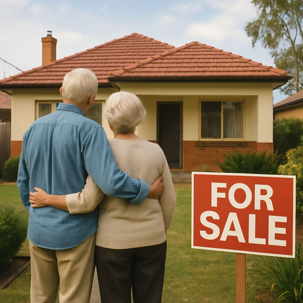 Senior couple selling family home – downsizing property with a ‘For Sale’ sign in front yard used on a blog about downsizer super contribution rules