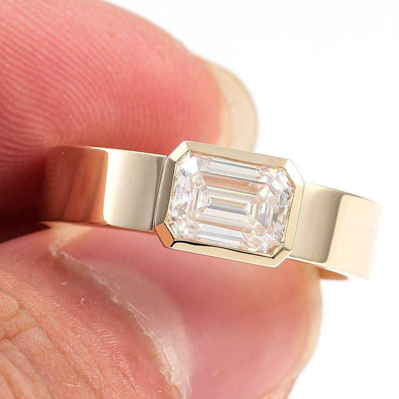 Thumbnail: East West Colorless Moissanite Emerald Engagement Ring, Stacked Wedding Ring