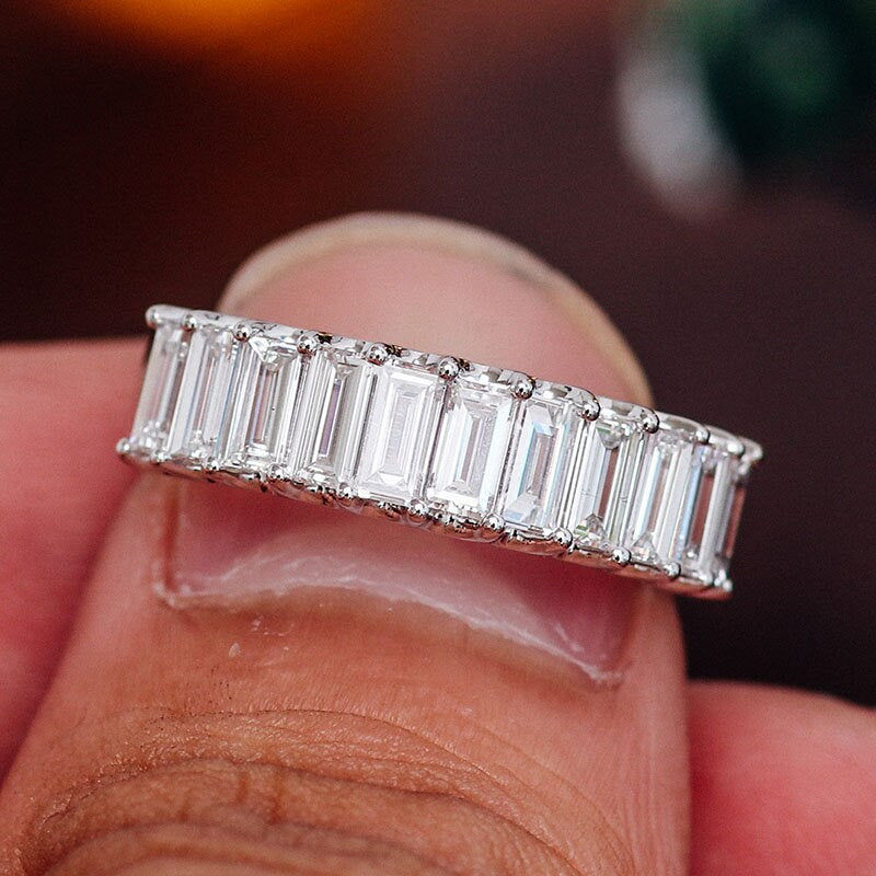 Thumbnail: Solid Gold Emerald Cut Moissanite Wedding Band for Woman, Vintage  Eternity Ring