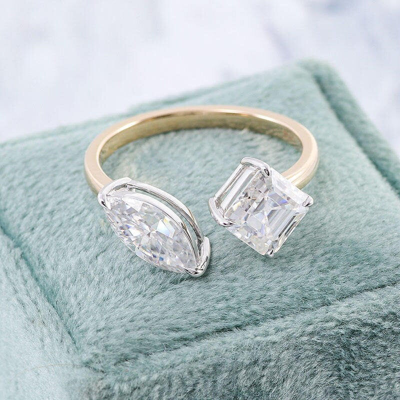 Thumbnail: Marquise And Asscher Cut Moissanite Toi Et Moi Ring / Moissanite Engagement Ring