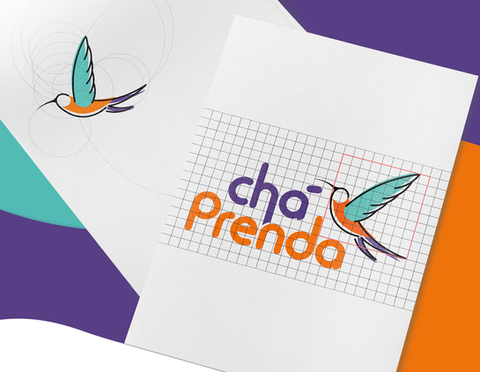 Um beija flor dentro de um grid de construção e o logotipo da empresa Chá Prenda dentro de um grid modular.