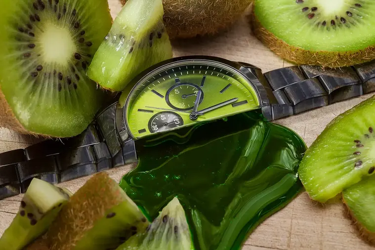 Surreal fashion photography showing a watch cut in half with colored liquid coming out in controlled studio setting