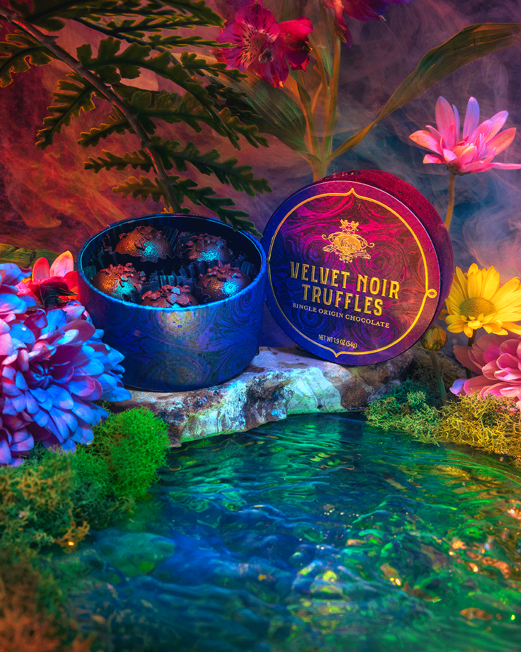 Luxury chocolate product photography motion gif with surreal forest environment and dramatic lighting