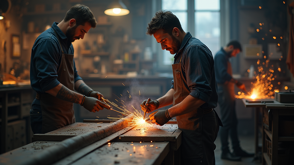 Vue en plongée d’un atelier de métallerie avec des artisans au travail