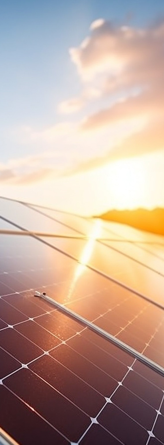 Image of solar panels with sun reflecting off of them, and blue sky with clouds and the sun on the horizon in the background.