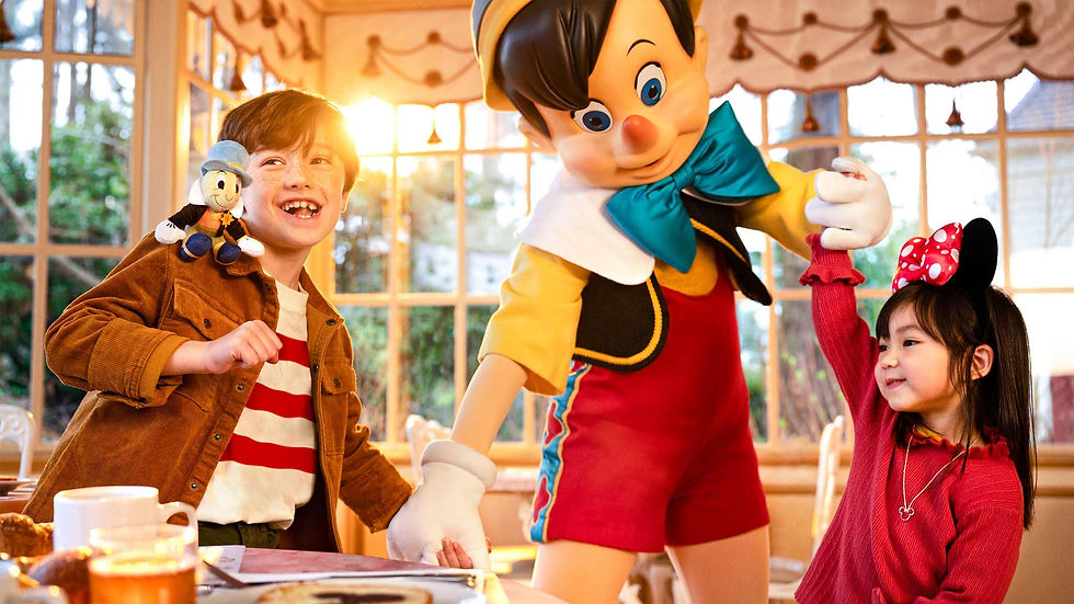 A boy with a Jiminy Cricket toy and a girl in a Minnie Mouse headband greet Pinocchio in a sunlit room, exuding joy and warmth.