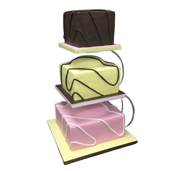Three-tier square wedding cake with pastel pink, lemon, and chocolate sugar paste.