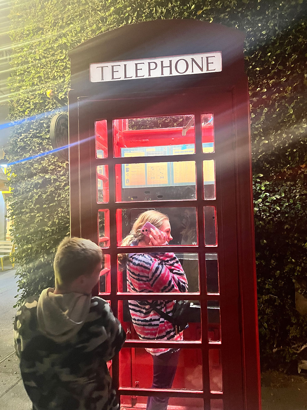 Girl in striped jacket using phone inside red telephone booth at night; boy stands outside; lush greenery in background; sign reads "TELEPHONE".