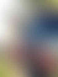 Smiling group selfie outdoors by a lake, wearing colorful "Bass Pro Shops" hats. Lush green grass and trees in the background.