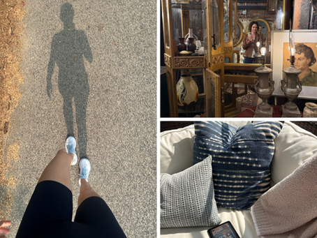 A collage of three images with a woman walking and seeing her shadow, a woman shopping in a vintage shore and a sofa with a blue pillow and book ready to be read.