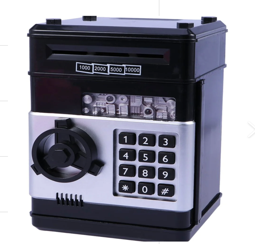 Black and silver electronic safe bank with a keypad and dial. Display shows numbers 1000 to 10000. Clear panel reveals internal gears.