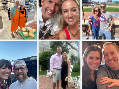 Collage of six images showing smiling couples in various settings: a kitchen, sports event, outdoor patio, concert, and indoor spaces.
