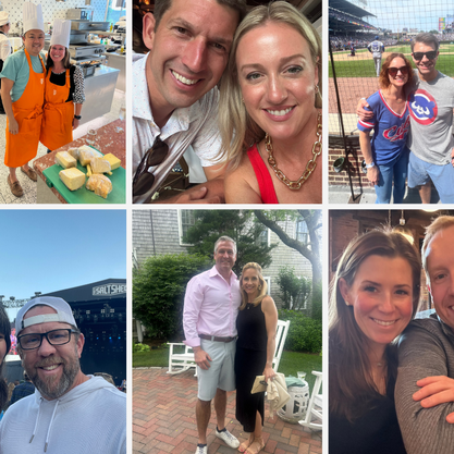 Collage of six images showing smiling couples in various settings: a kitchen, sports event, outdoor patio, concert, and indoor spaces.