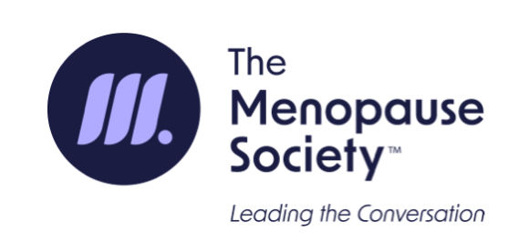 Logo of The Menopause Society with purple design elements and text. Slogan below reads "Leading the Conversation."