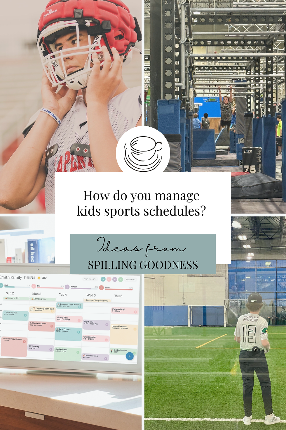 Child in football gear, kids on obstacle course, digital calendar screen, sports field. Text: How do you manage kids sports schedules?