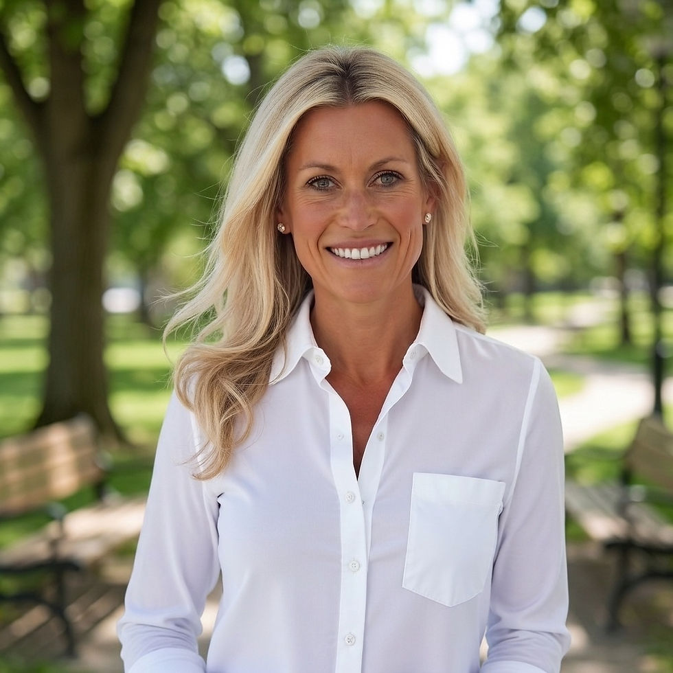 Smiling blonde woman in a white button-down shirt stands in a sunlit park with trees and benches.