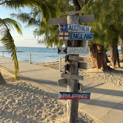 Beach scene with a wooden signpost showing directions to Australia, England, Jamaica, and the Philippines. Palm trees and ocean in the background.