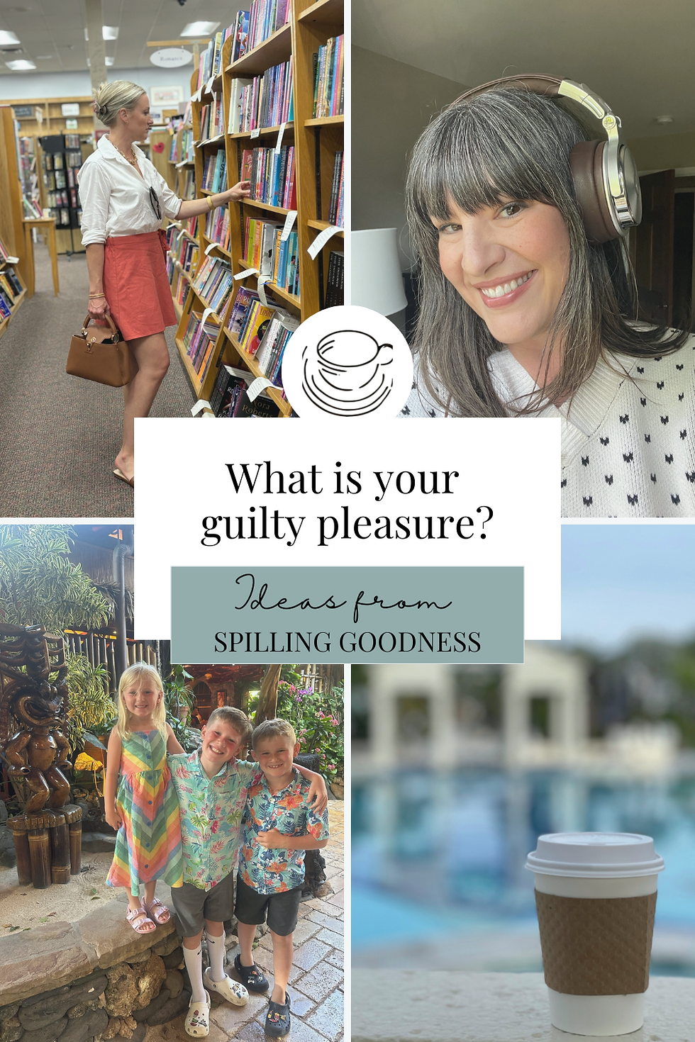 Collage of a woman in an antique shop, a walking shadow, cozy pillows with a book, and a scenic green field with pink flowers. Text: "What would you do with 4 hours to yourself? Ideas from Spilling Goodness."
