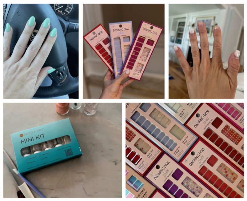 Hands with mint and white nails; holding Dashing Diva nail sets in various colors. Dazzle Dry Mini Kit and nail polish on a table.