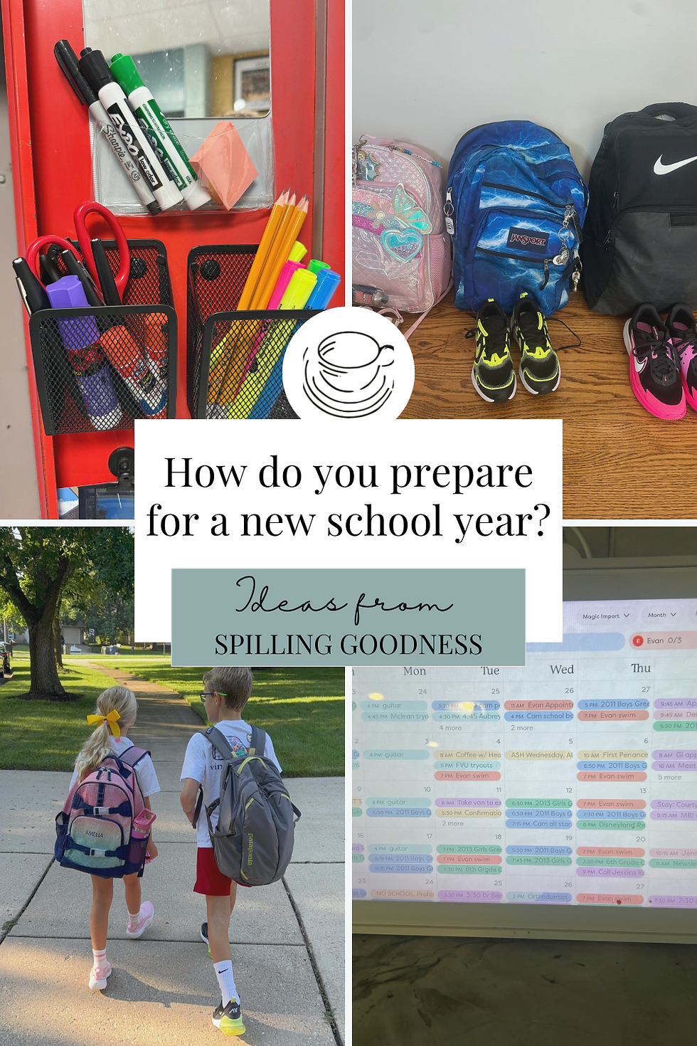 School prep collage: supplies in red locker, backpacks with shoes, kids walking with backpacks, colorful calendar. Text: "How do you prepare?"