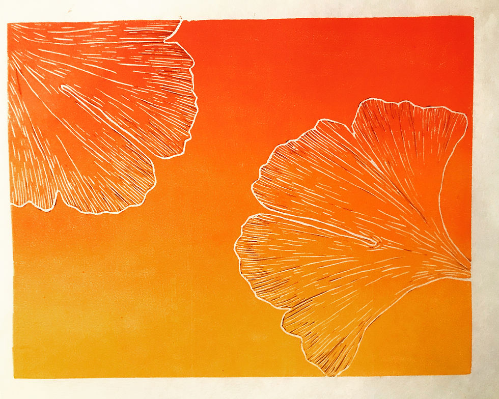 Orange gradient background with two large ginkgo leaves outlined in white.