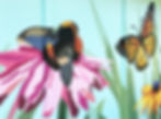 Colorful mural of a bee on a pink flower and a butterfly nearby on a light blue background. Bright and vibrant, evoking a lively mood.