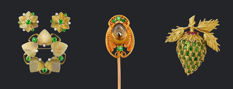 Tiffany & Co. Demantoid Garnet and Diamond Earrings & Brooch | Tiffany & Co. 18K Gold, Chrysoberyl, Plique-a-Jour, and Demantoid Garnet Stick Pin | Schlumberger for Tiffany & Co. Demantoid Garnet and Turquoise Clip-Brooch from Sotheby's