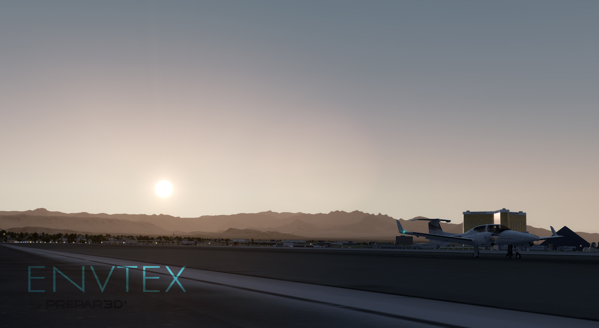 TOGA Projects' own EnvTex promotional shot for Prepar3D: a light twin on a Las Vegas runway at sunset, under the graduated hazy sky the add-on is best known for.