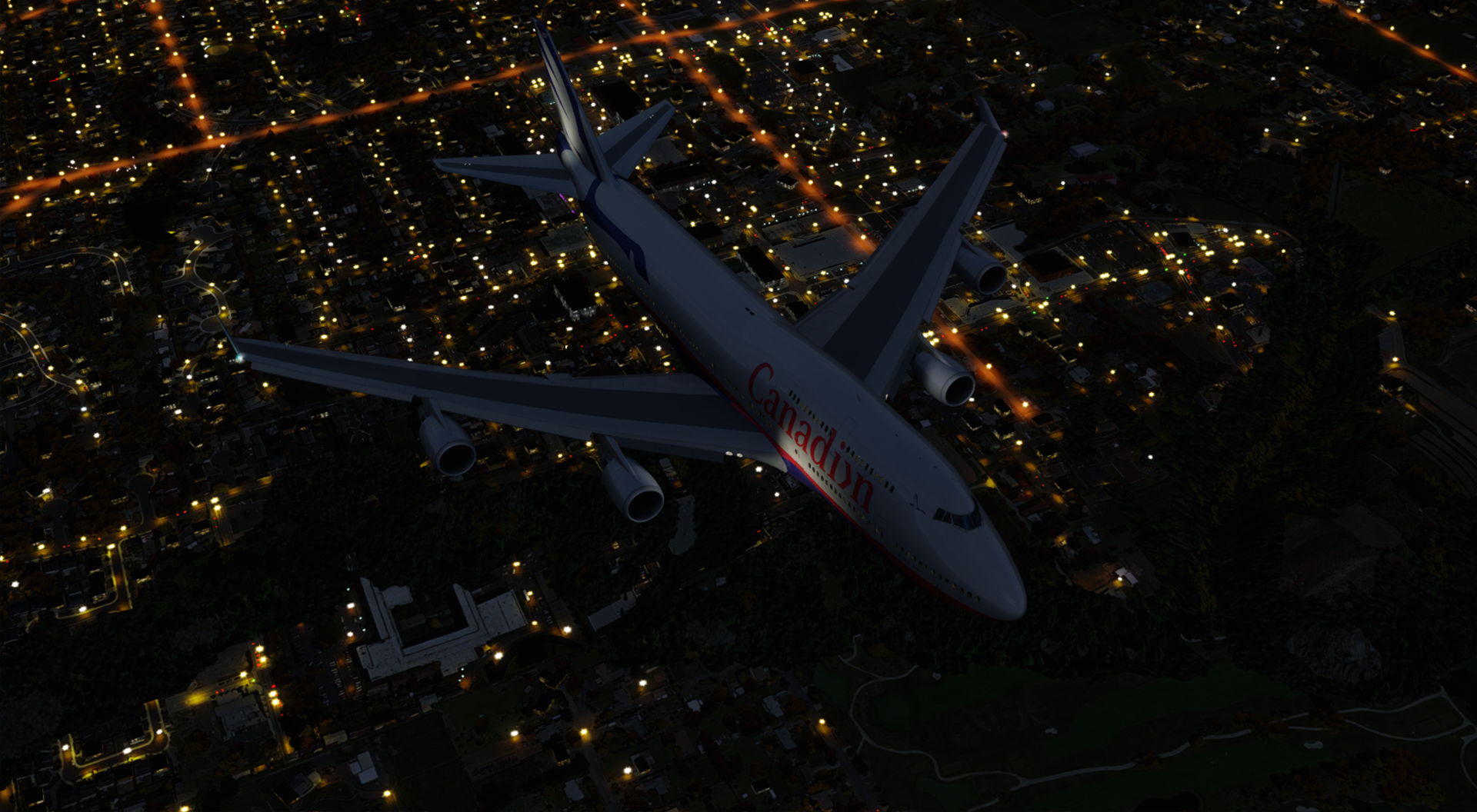 TOGA Projects' own EnvShade promotional shot: a Canadian Airlines 747 banking over a city at night, the street grid picked out in orange sodium light — the exact area of the product the community argued about hardest.