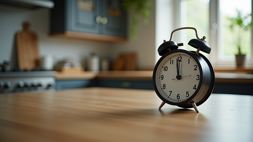 Eye-level view of a clock showing fasting hours on a kitchen table