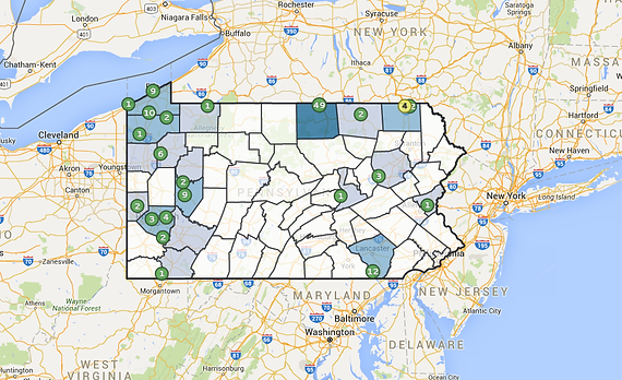 Pennsylvania iMapInvasives, map view, county distribution, observation data, point data, confirmed data, unconfirmed data, approximate data