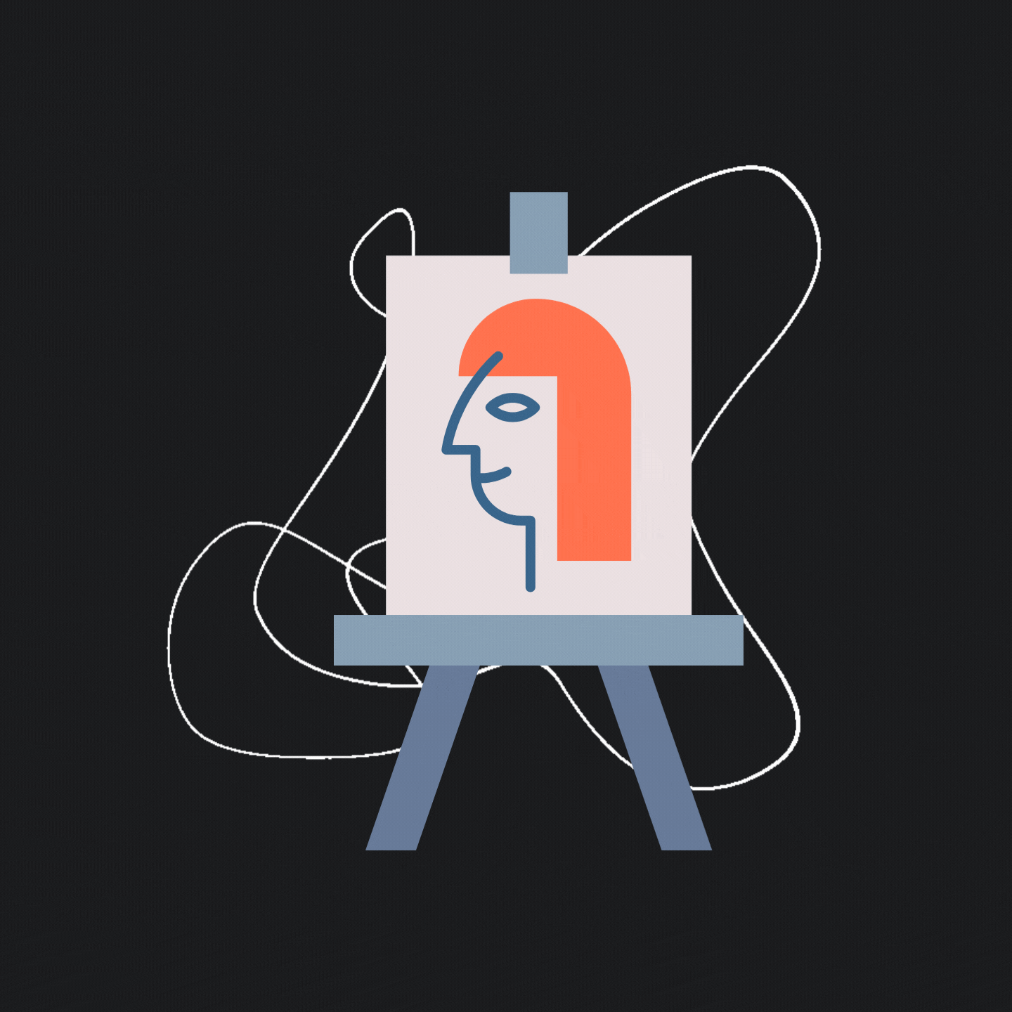 Canvas with a minimalist head drawn with abstract shapes floating behind