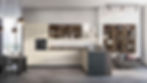 Cocina amplia en color claro, piso gris, sillón gris y librero