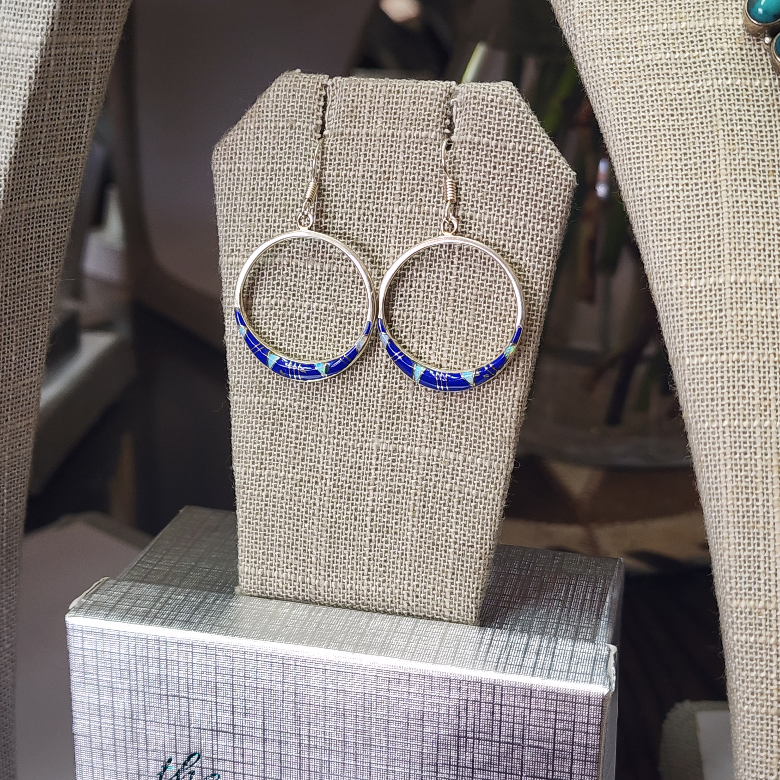 Sterling Silver Lapis with Opal Hoop Earrings
