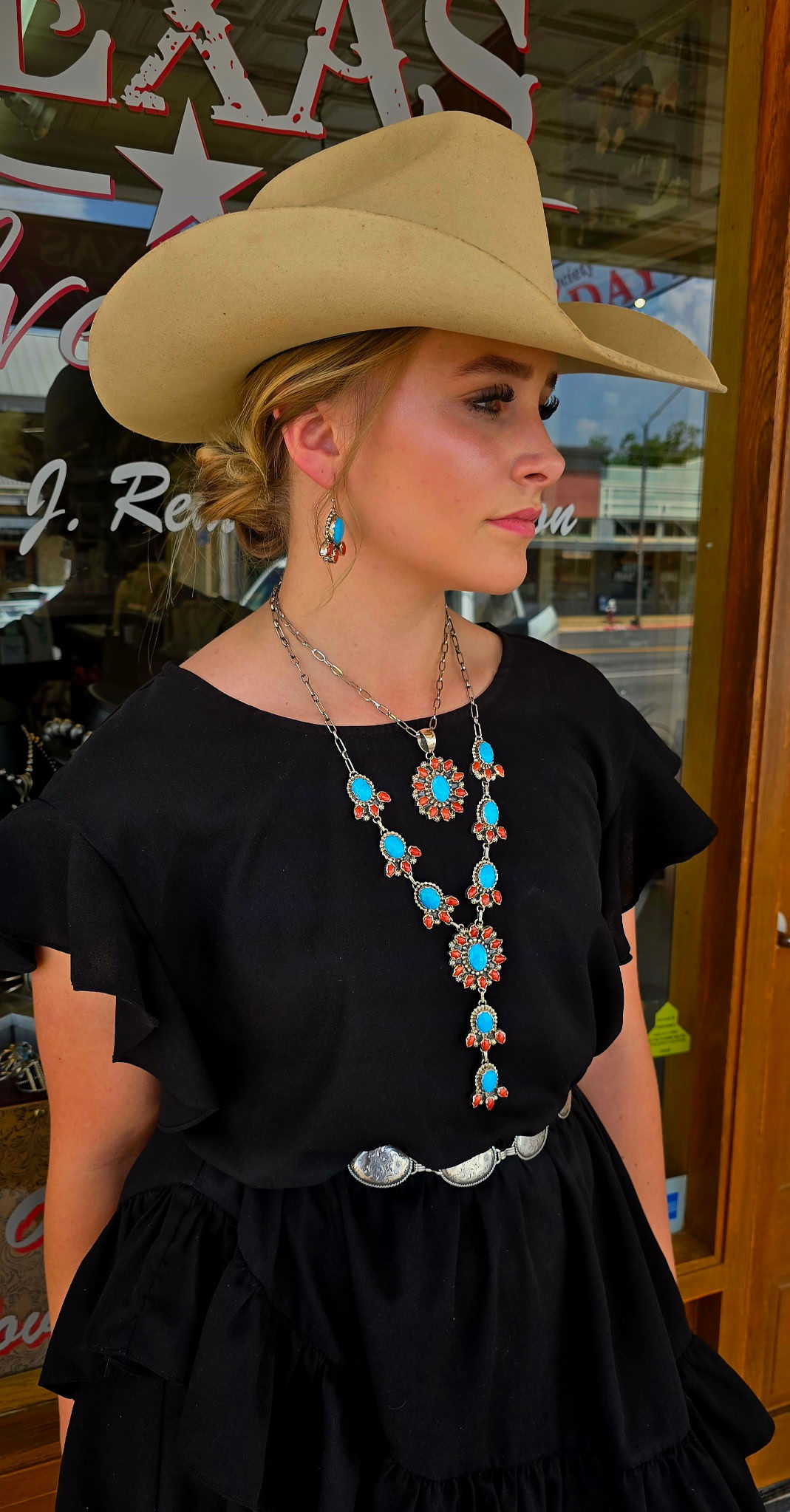 Red Coral and Turquoise “Statement” Lariat Necklace