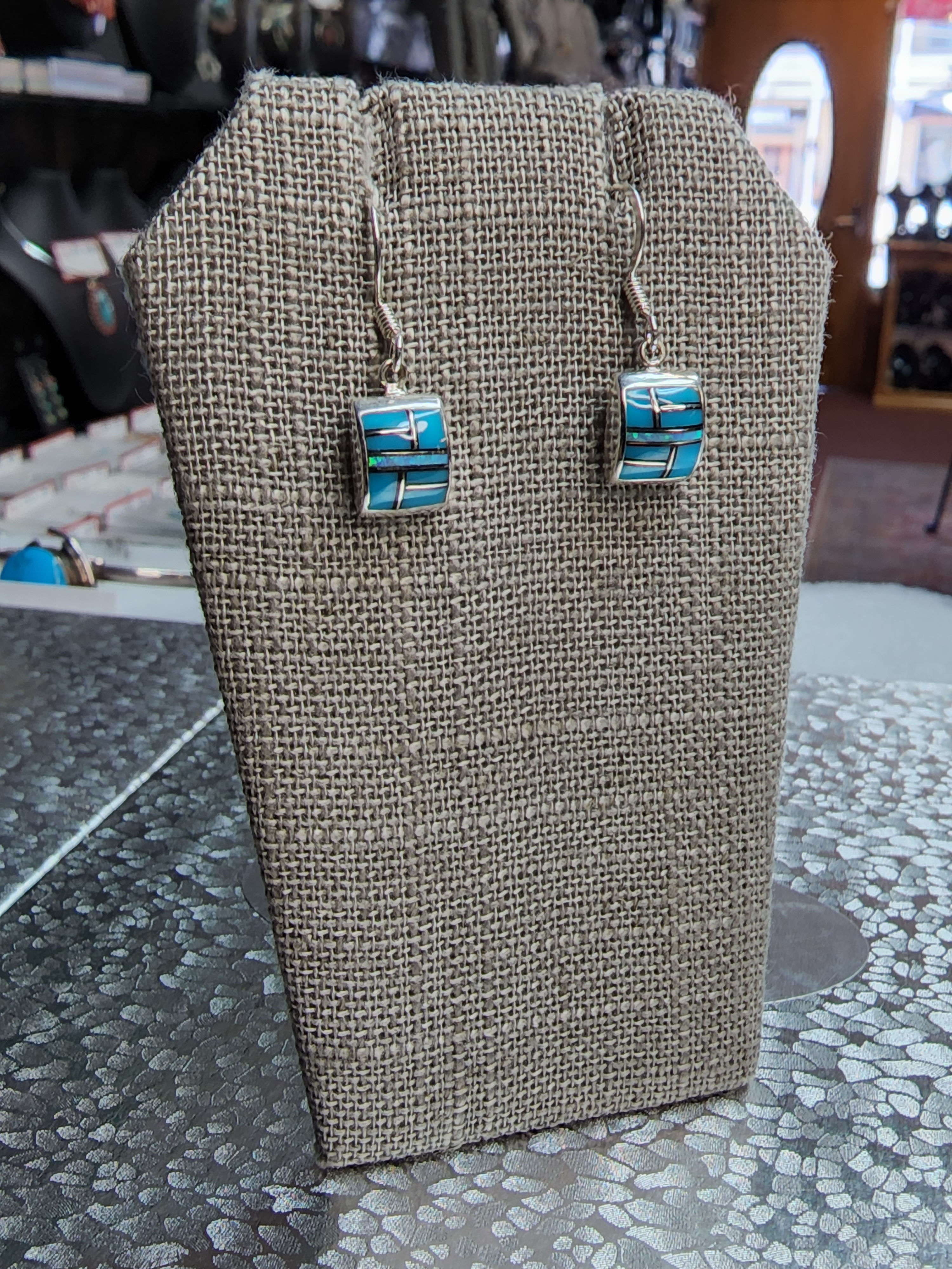 Sterling Silver Small Square Turquoise and Opal Earrings