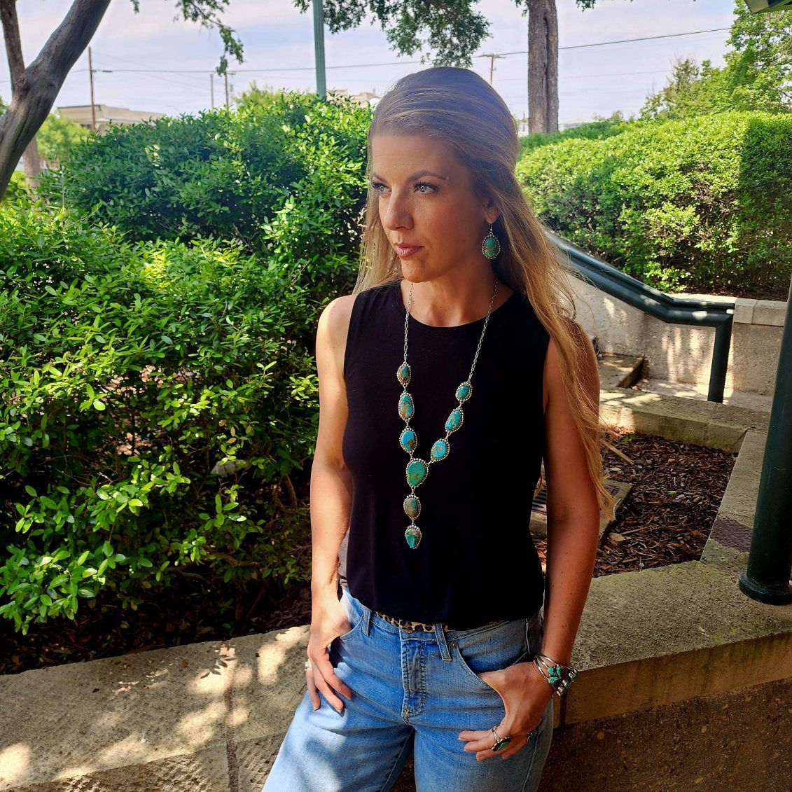 Sterling Silver Royston Turquoise Lariat Necklace and Earring Set!