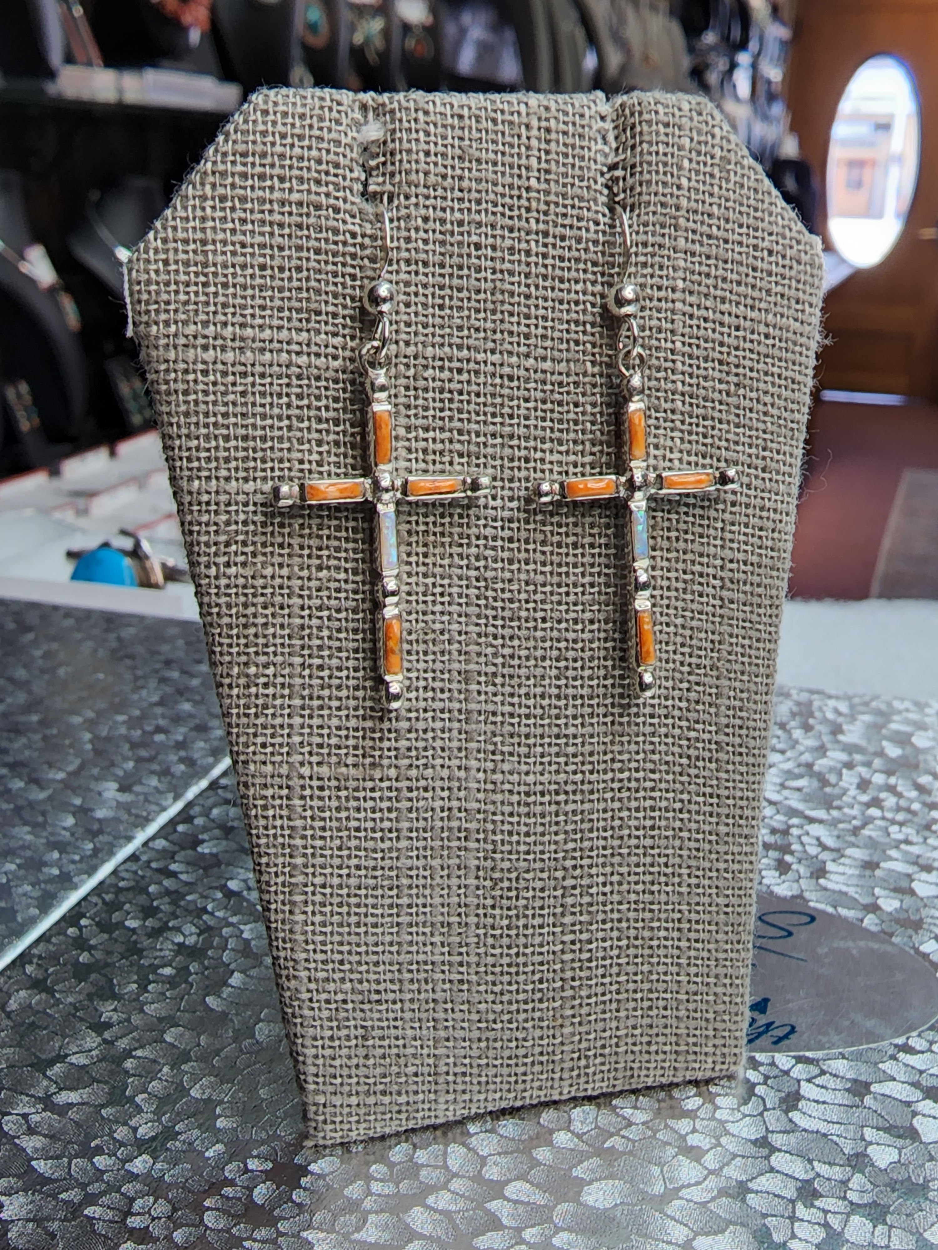 Sterling Silver Spiney Oyster and Opal Cross Earrings