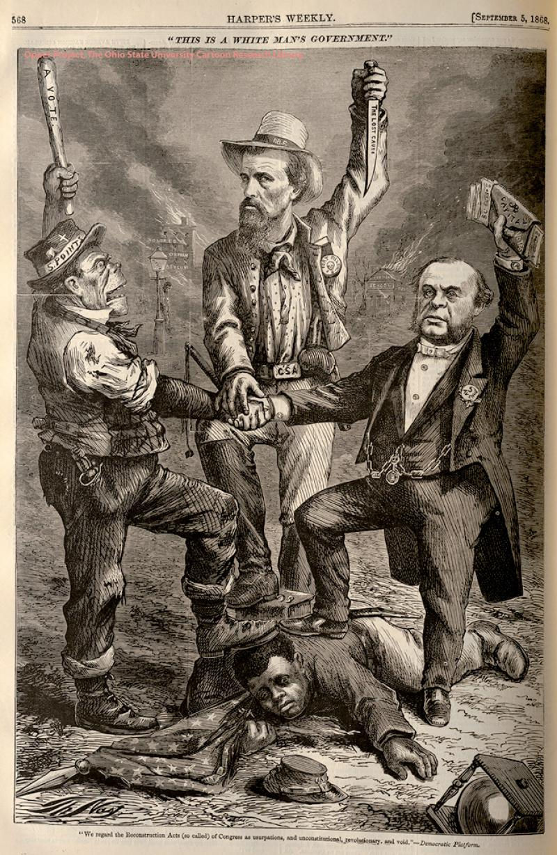 Democratic party crushing an African American Union veteran who reaches for a ballot box.
