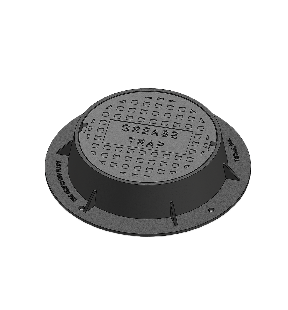 Thumbnail: CAD rendering of a 7" rise manhole frame and cover. Customized with "GREASE TRAP" lettering. 