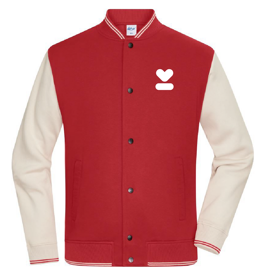 Rot-beige College Jacke mit weißem Kapfenberg-Herz auf der Brust, Druckknopfleiste, Kontrastärmel.