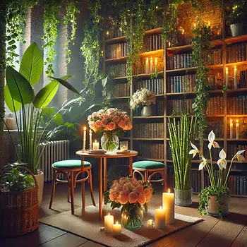 Cozy library with plants, candles on a wooden table, bookshelves, and flowers in vases. Warm light creates a romantic atmosphere for your valentine.