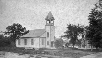A vintage-style photograph of The Cape Neddick Baptist Church and Parsonage from the 1900s