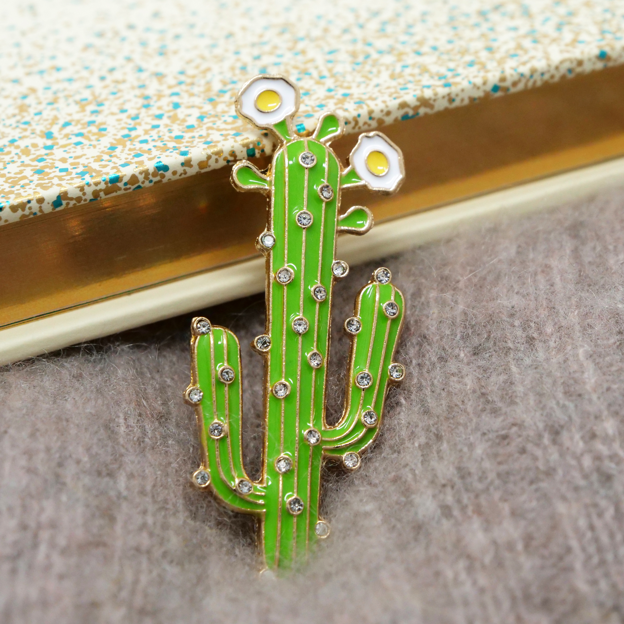 Carnegiea gigantea Brooch, Enamel and Crystal Clear Rhinestone