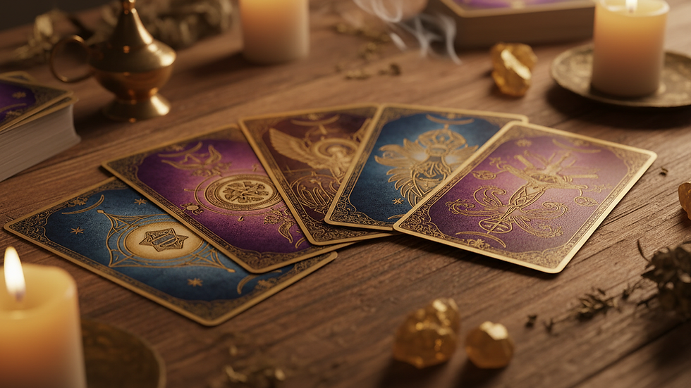 Close-up view of tarot cards spread on a wooden table