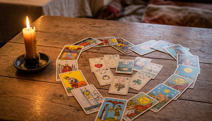 Eye-level view de uma vela acesa ao lado de cartas espalhadas em formato de coração