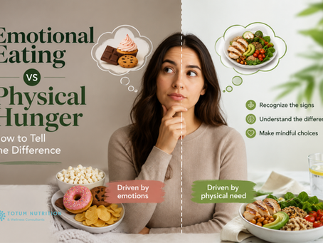 A visual comparison of emotional eating and physical hunger, highlighting key differences, common signs, and mindful ways to respond.