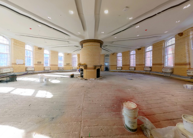 Before stage showing cleared subfloor prior to levelling and oak herringbone installation.