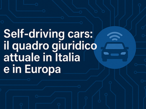 Copertina digitale con sfondo blu e disegno di circuito, titolo sull'inquadramento giuridico delle auto a guida autonoma in Italia e in Europa, icona di auto con simbolo di connettività .